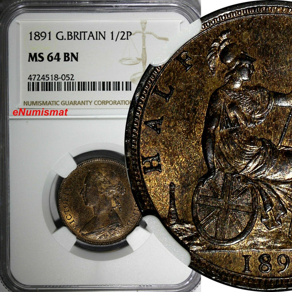 GREAT BRITAIN Victoria (1837-1901) Bronze 1891 1/2 Penny NGC MS64 BN KM# 754