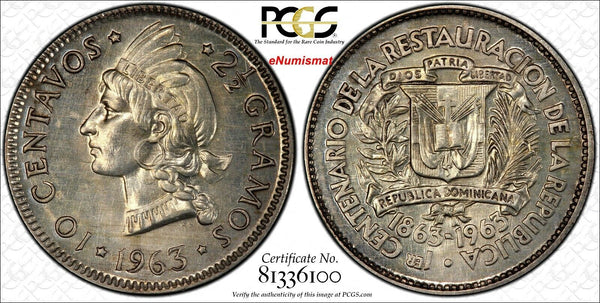 Dominican Republic 1963 10 Centavos PCGS SP63 8 examples known KM# 27 ex King's