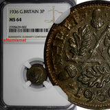 Great Britain George V Silver 1936 3 Pence NGC MS64 KM# 831