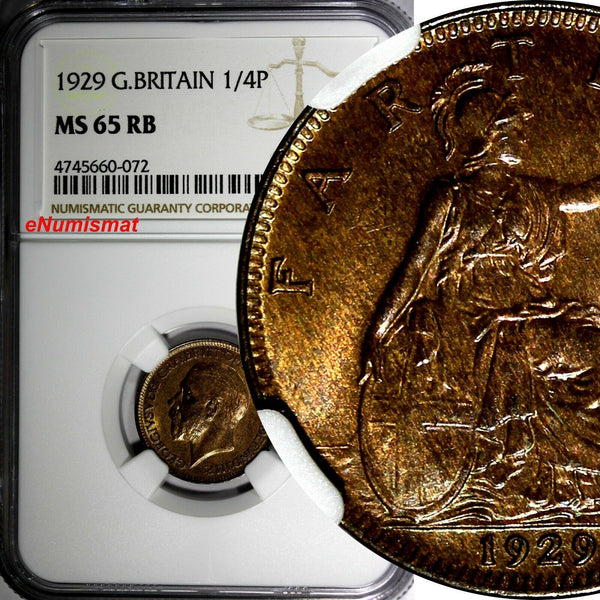 Great Britain George V (1910-1936) Bronze 1929 Farthing NGC MS65 RB KM# 825