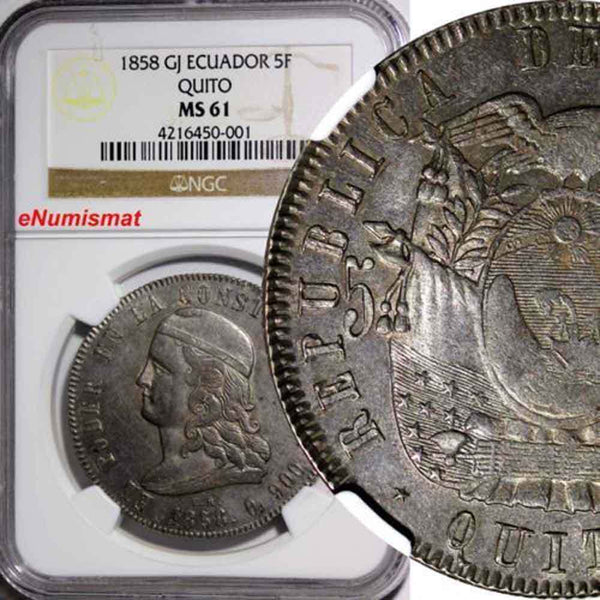 ECUADOR Silver 1858-GJ Quito Mint 5 Francos NGC MS61 Nice Toned VERY RARE KM# 39