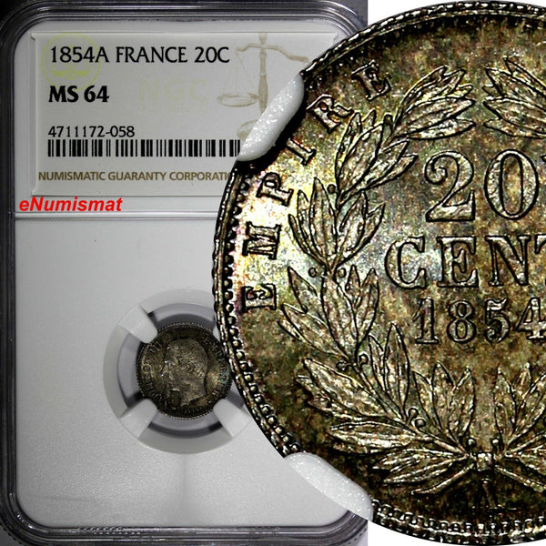 FRANCE Napoleon III Silver 1854 A 20 Centimes NGC MS64 Cabinet Toning KM# 778.1