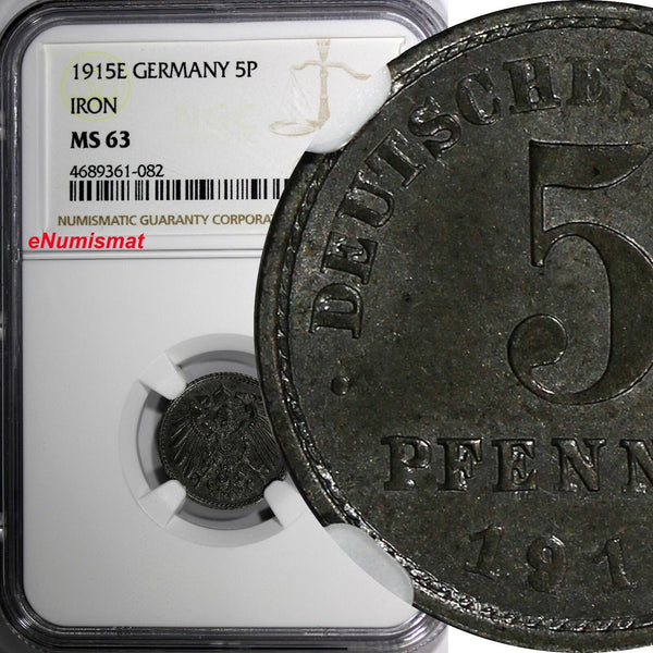 Germany-Empire Wilhelm II Iron 1915 E 5 Pfennig NGC MS63 WWI Muldenhütten KM19/2