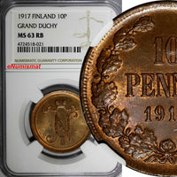 FINLAND RUSSIAN NICHOLAS II Copper 1917 10 Pennia NGC MS63 RB LAST YEAR KM# 14