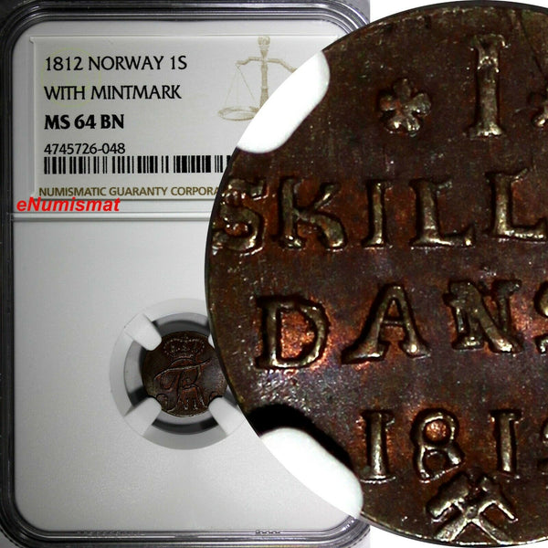 Norway Frederick VI Copper 1812 1 Skilling NGC MS64 BN with Mintmark KM# 281