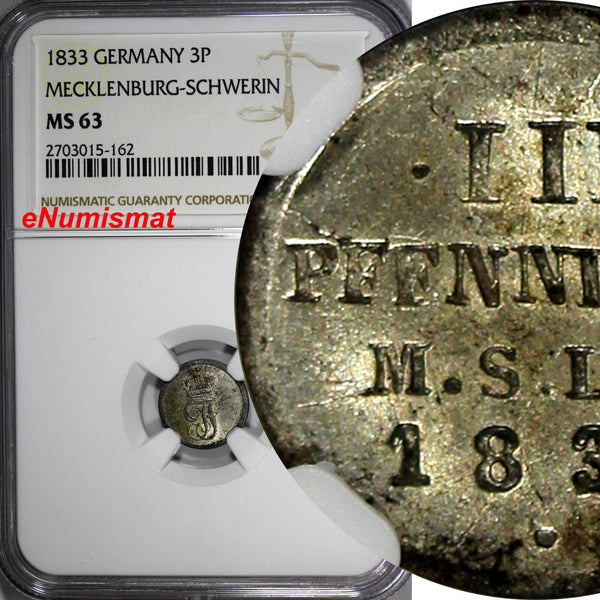 Germany MECKLENBURG-SCHWERIN Friedrich Franz I 1833 3 Pfennig NGC MS63 KM282(62)