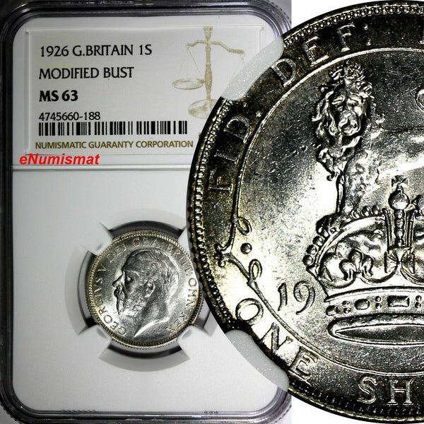 Great Britain George V Silver 1926 1 Shilling NGC MS63 MODIFIED BUST  KM# 829