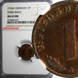 GERMANY-Third Reich Bronze 1936 A 1 Reichspfennig NGC MS63 RB  BETTER DATE KM#89