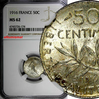 FRANCE Silver 1916 50 Centimes NGC MS62  KM# 854  (174)