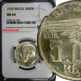 Brazil Silver 1936 5000 Reis NGC MS64 PROOF LIKE SURFACES.NICE TONED KM# 543/198