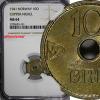 Norway Haakon VII Copper-Nickel 1941 10 Øre NGC MS64 WWII Issue KM# 383