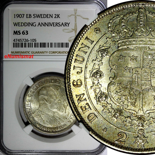 SWEDEN Oscar II Silver 1907-EB 2 Kronor NGC MS63 Golden Wedding Anniv.KM#776/105