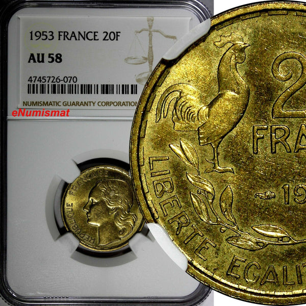 FRANCE Aluminum-Bronze 1953 20 Francs NGC AU58 KM# 917.1