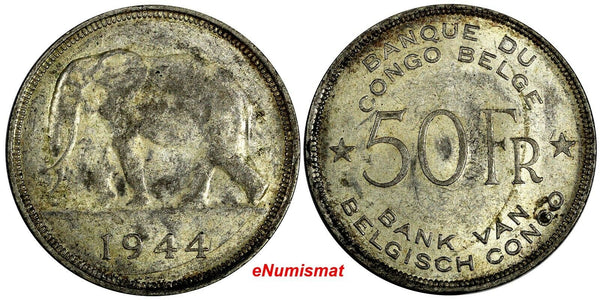 Belgian Congo Léopold III Silver 1944 50 Francs Elephant 1 YEAR TYPE SCARCE KM27