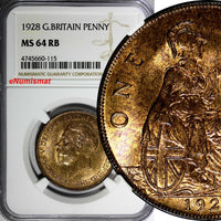 GREAT BRITAIN George V Bronze 1928 1 Penny NGC MS64 RB 1st YEAR for TYPE KM# 838