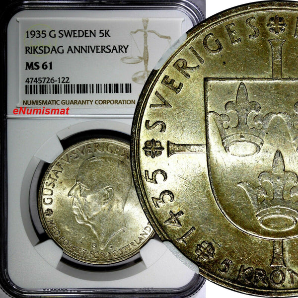 SWEDEN Silver 1935 5 Kronor NGC MS61  500th Anniversary of Riksdag KM# 806 (122)