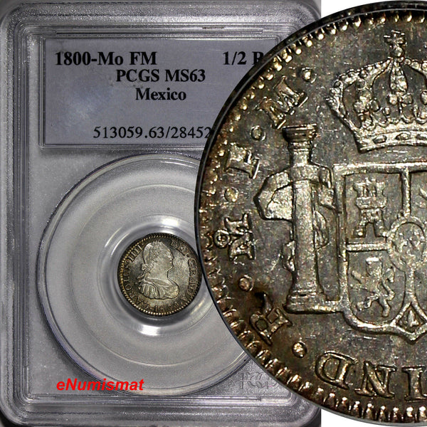 Mexico Charles IV Silver 1800 MO-FM 1/2 Real PCGS MS63 KEY SCARCE DATE  KM# 72