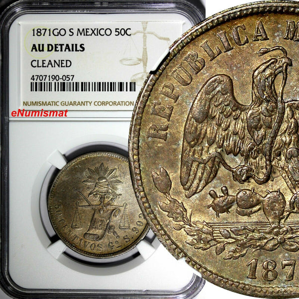 Mexico SECOND REPUB. 1871 GO S 50 Centavos MINT-148,000 NGC AU DET.RARE KM#407.4