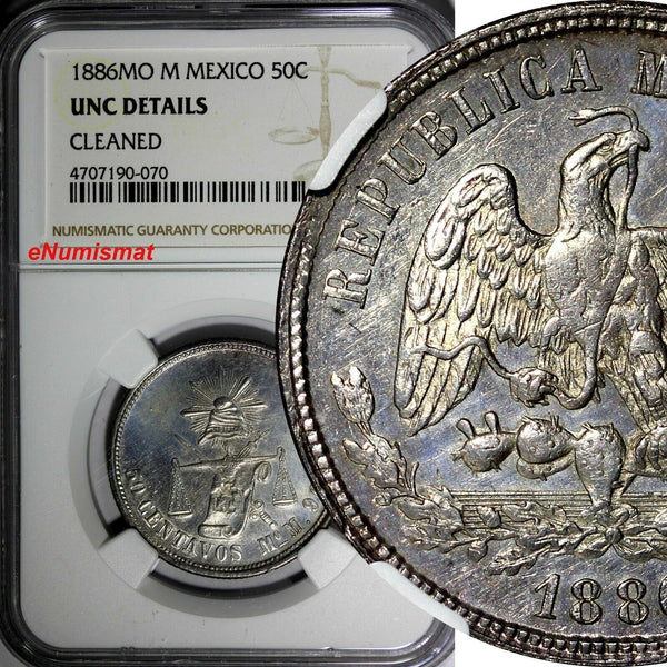Mexico SECOND REP.Silver 1886 Mo M 50 Centavos NGC UNC DETAILS VERY RARE KM#407