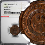 HONDURAS Bronze 1907 1 Centavo NGC MS64 RB LARGE "UN" 1 GRADED HIGHER KM# 59