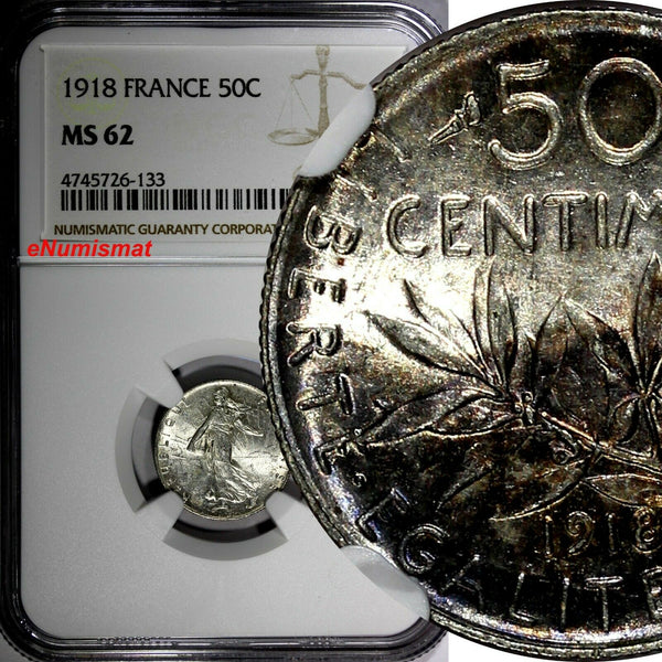 FRANCE Silver 1918 50 Centimes NGC MS62  NICE TONED KM# 854