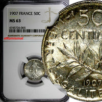 FRANCE Silver 1907 50 Centimes NGC MS63 NICE TONED KM# 854