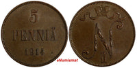 FINLAND Nicholas II Copper 1914 5 Pennia  BETTER DATE KM# 15