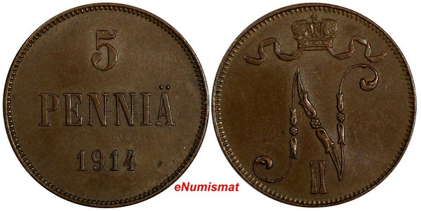 FINLAND Nicholas II Copper 1914 5 Pennia  BETTER DATE KM# 15