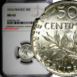 FRANCE Silver 1916 50 Centimes NGC MS62  KM# 854