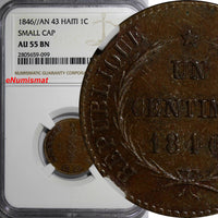 Haiti Copper 1846 // AN 43 1 Centime NGC AU55 BN Small Cap Variety KM# 24