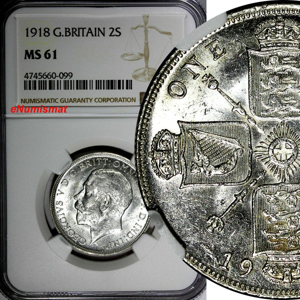 GREAT BRITAIN George V (1910-1936) Silver 1918 1 FLORIN NGC MS61 SCARCE KM# 817