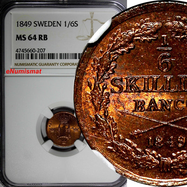 SWEDEN Oscar I Copper 1849 1/6 Skilling Mintage-536,544 NGC MS64 RB KM# 656 (07)