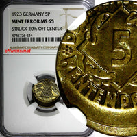 Germany-Weimar Republic 1923 5 Rentenpfennig NGC MINT ERROR MS65 SCARCE KM# 32