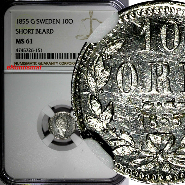 SWEDEN Oscar I (1844-1859) Silver 1855 G 10 Ore NGC MS61 Short Beard KM# 683