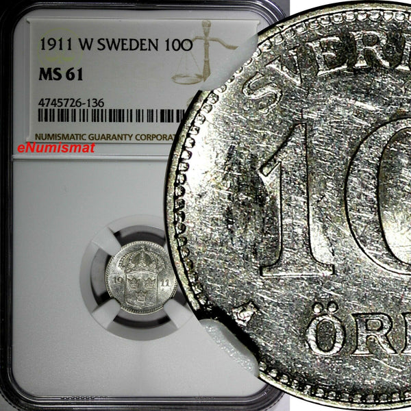 Sweden Gustaf V (1908-1950) Silver 1911 W 10 Ore NGC MS61 KM# 780
