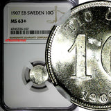 SWEDEN Oscar II Silver 1907 EB 10 Ore 1 YEAR TYPE NGC MS63+"PLUS" KM# 774