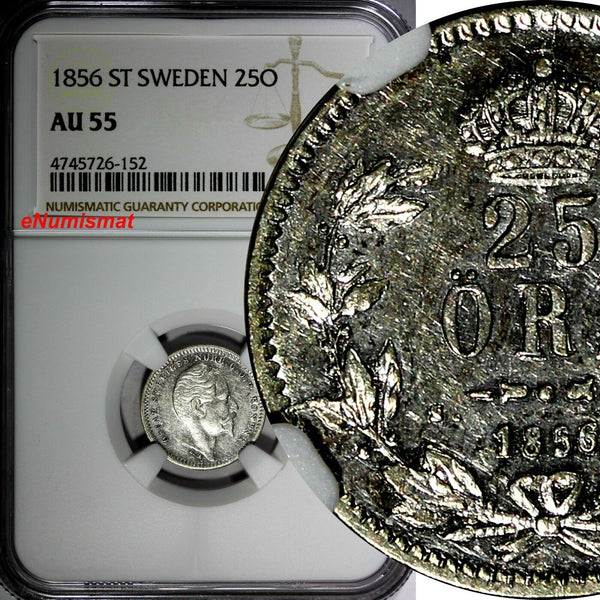 SWEDEN Oscar I (1844-1858) Silver 1856 ST 25 Ore NGC AU55 SCARCE KM# 684