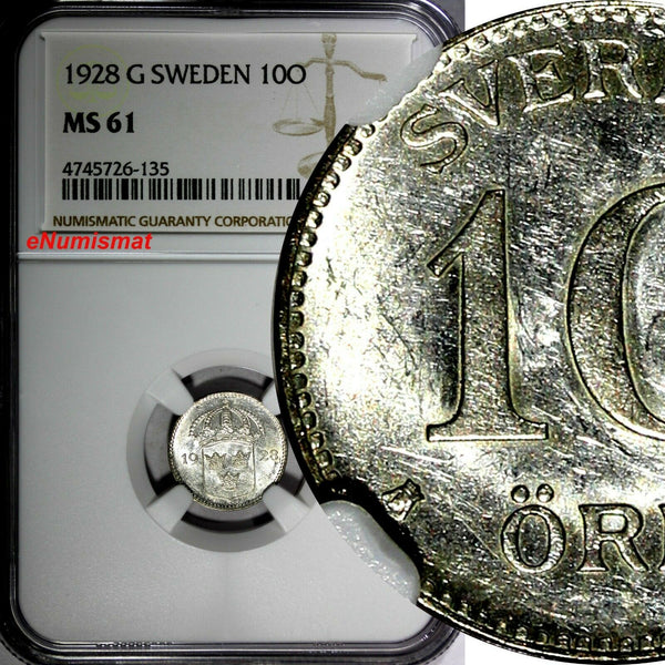 Sweden Gustaf V Silver 1928 G 10 Ore NGC MS61 KM#780