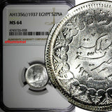 EGYPT Farouk Silver AH1356//1937 2 Piastres NGC MS64 Mintage-500,000 KM# 365(58)