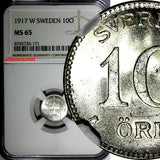 SWEDEN Gustaf V Silver 1917-W 10 Ore NGC MS65 WWI Issue  KM#780
