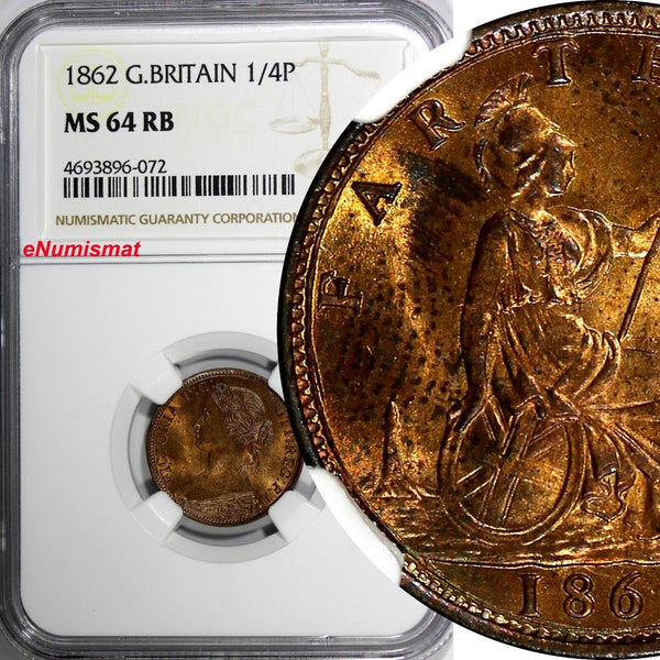 Great Britain Victoria Bronze 1862 Farthing NGC MS64 RB Small " 8 " KM# 747.2
