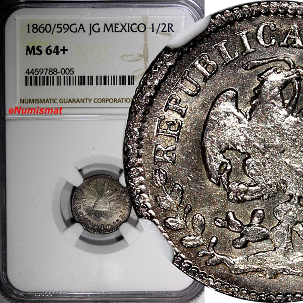 Mexico Silver 1860/59 GA JG 1/2 Real NGC MS64+ OVERDATE 1 GRADED HIGHER KM#370.5