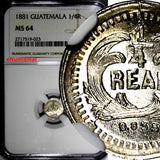 GUATEMALA Silver 1881 1/4 Real NGC MS64 BETTER DATE Light Toned KM# 151