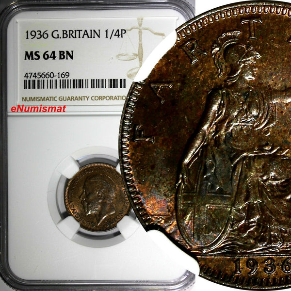 Great Britain George V (1910-1936) 1936 Farthing NGC MS64 BN LAST DATE  KM# 825