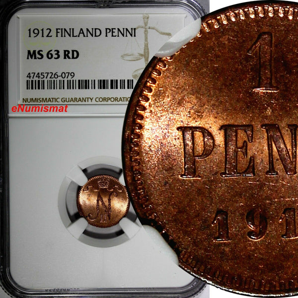 FINLAND RUSSIA Nicholas II Copper 1912 1 Penni NGC MS63 RD FULL RED KM# 13