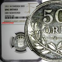 SWEDEN Gustaf V Silver 1911 W 50 Ore NGC UNC DET. 1ST DATE TYPE SCARCE KM# 788