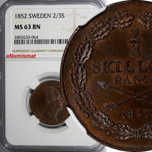 Sweden Oscar I 1852 2/3 Skilling NGC MS63 BN TOP GRADED BY NGC Mint-297, KM# 663