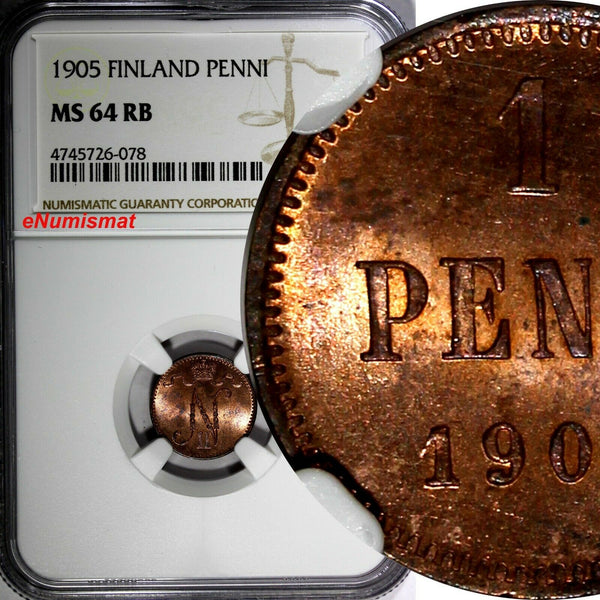 FINLAND RUSSIA Nicholas II Copper 1905 1 Penni NGC MS64 RB RED TONED  KM# 13