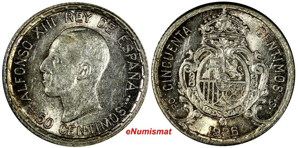 Spain Alfonso XIII Silver 1926 PC-S 50 Centimos HIGH GRADE TONING KM# 741