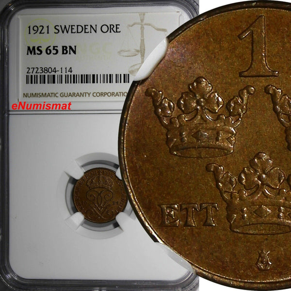 SWEDEN Gustaf V Bronze 1921 1 ORE NGC MS65 BN TOP GRADED BY  NGC KM# 777.2